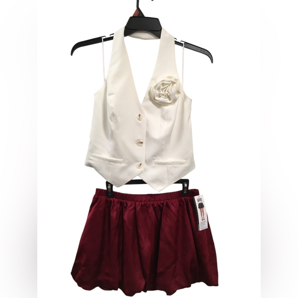 Off-White/Ivory Vest with Wine Red Satin Bubble Skirt